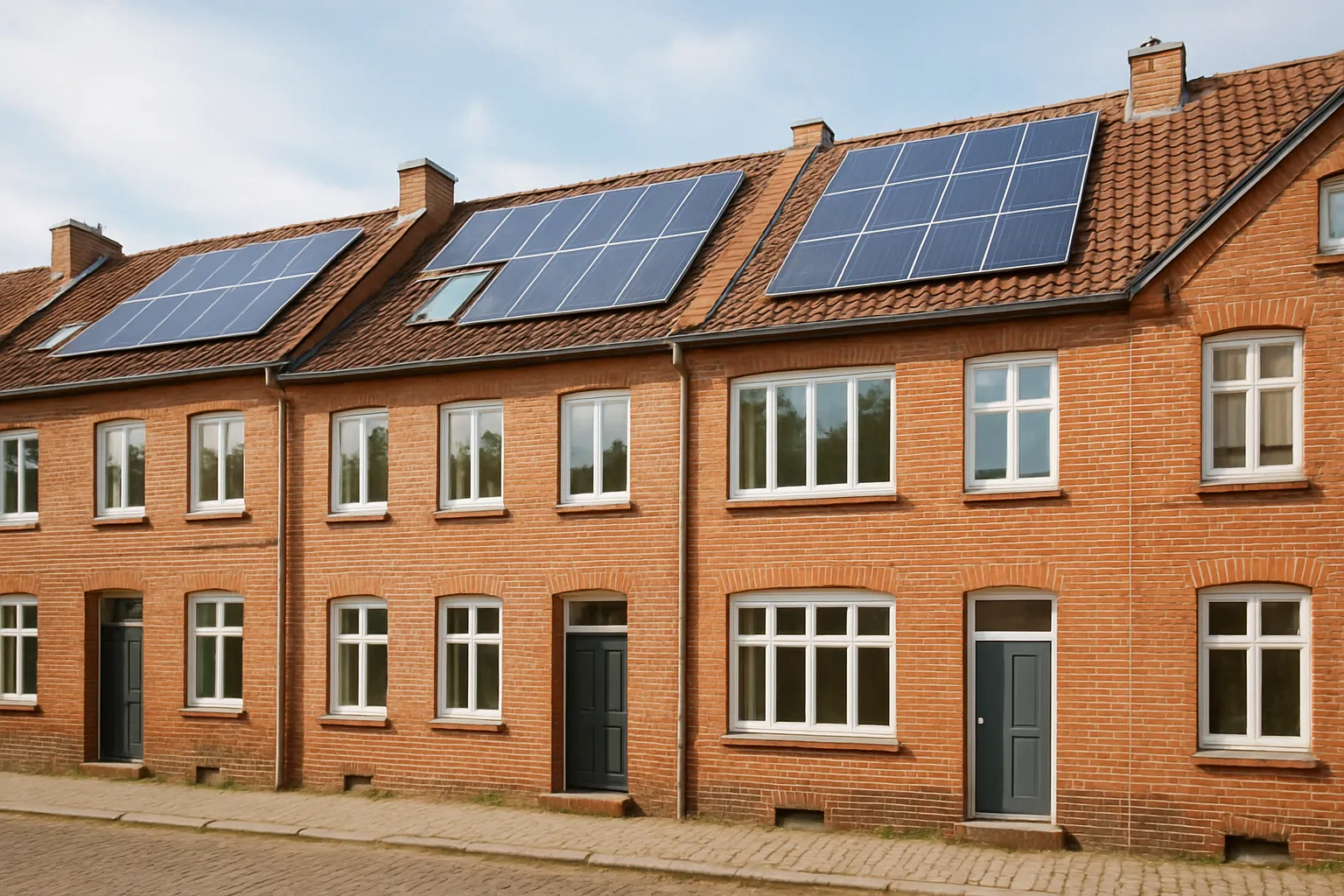 Backstein-Hausreihe in Norddeutschland mit modernen Fenstern und Solarpanels bei Tageslicht.