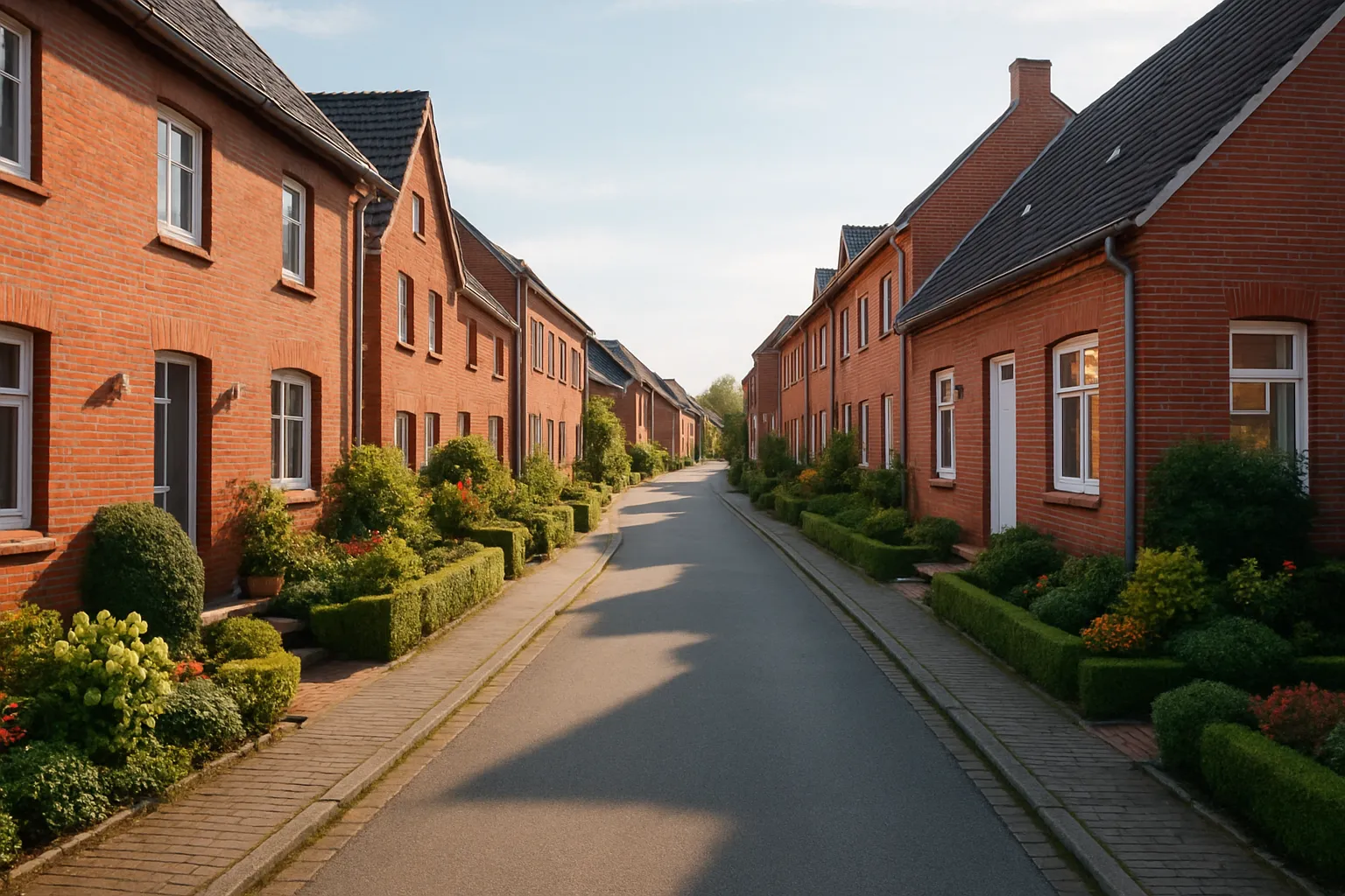 Rote Klinkerhäuser an einer ruhigen Wohnstraße in Norddeutschland bei Tageslicht.