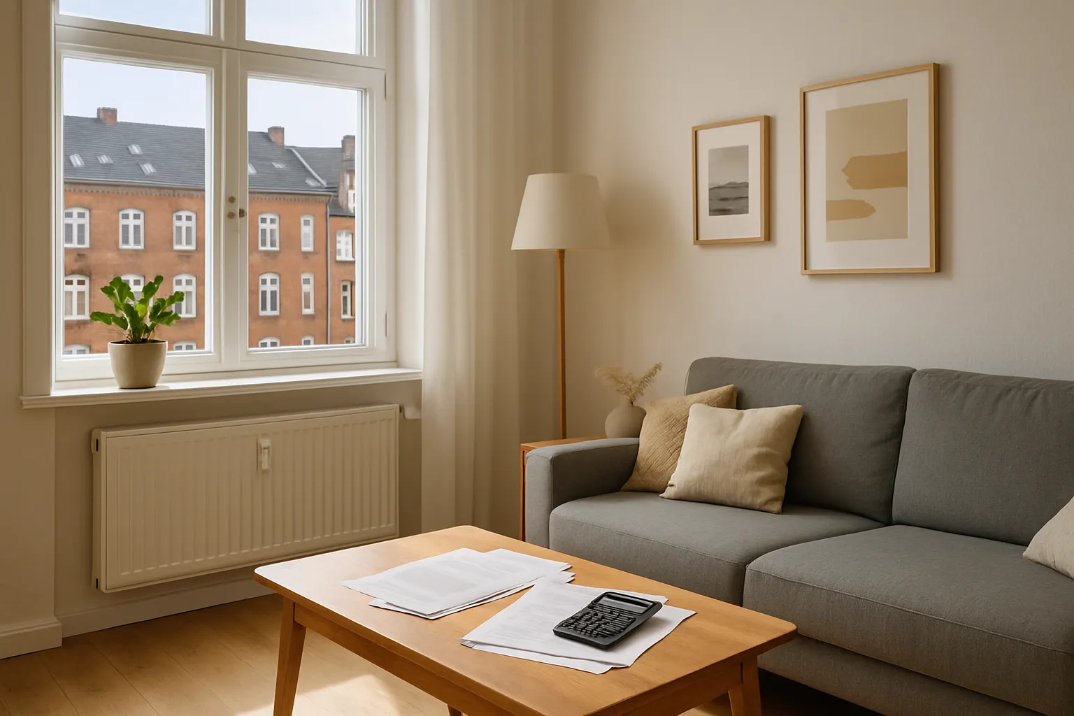 Heller Wohnraum in Norddeutschland mit Heizkörper und Unterlagen zur Nebenkostenabrechnung auf einem Holztisch.