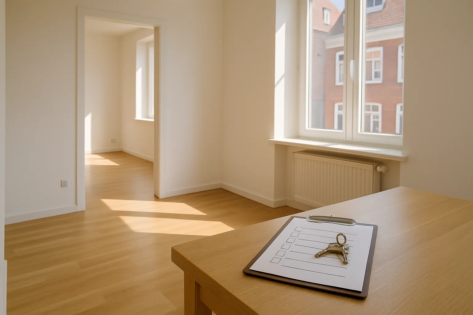 Helles leeres Zimmer mit Holzfußboden, einem Klemmbrett und Schlüsseln auf einem Tisch nahe dem Fenster in einem norddeutschen Altbau.