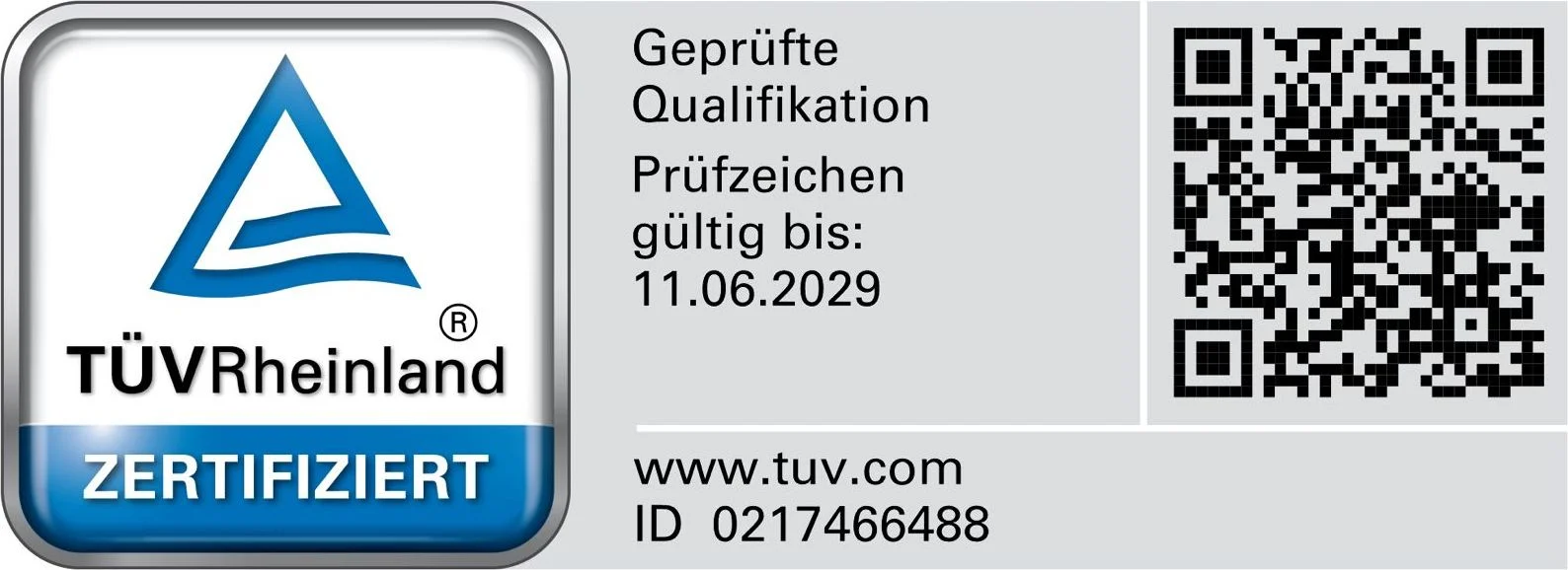 TÜV Rheinland zertifiziert – geprüfte Qualifikation, ID 0217466488